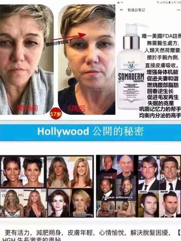 網路上一些關於 SOMADERM HGH 生長激素凝膠 療效的不當宣傳照片 Hollywood 好萊塢公開的秘密
