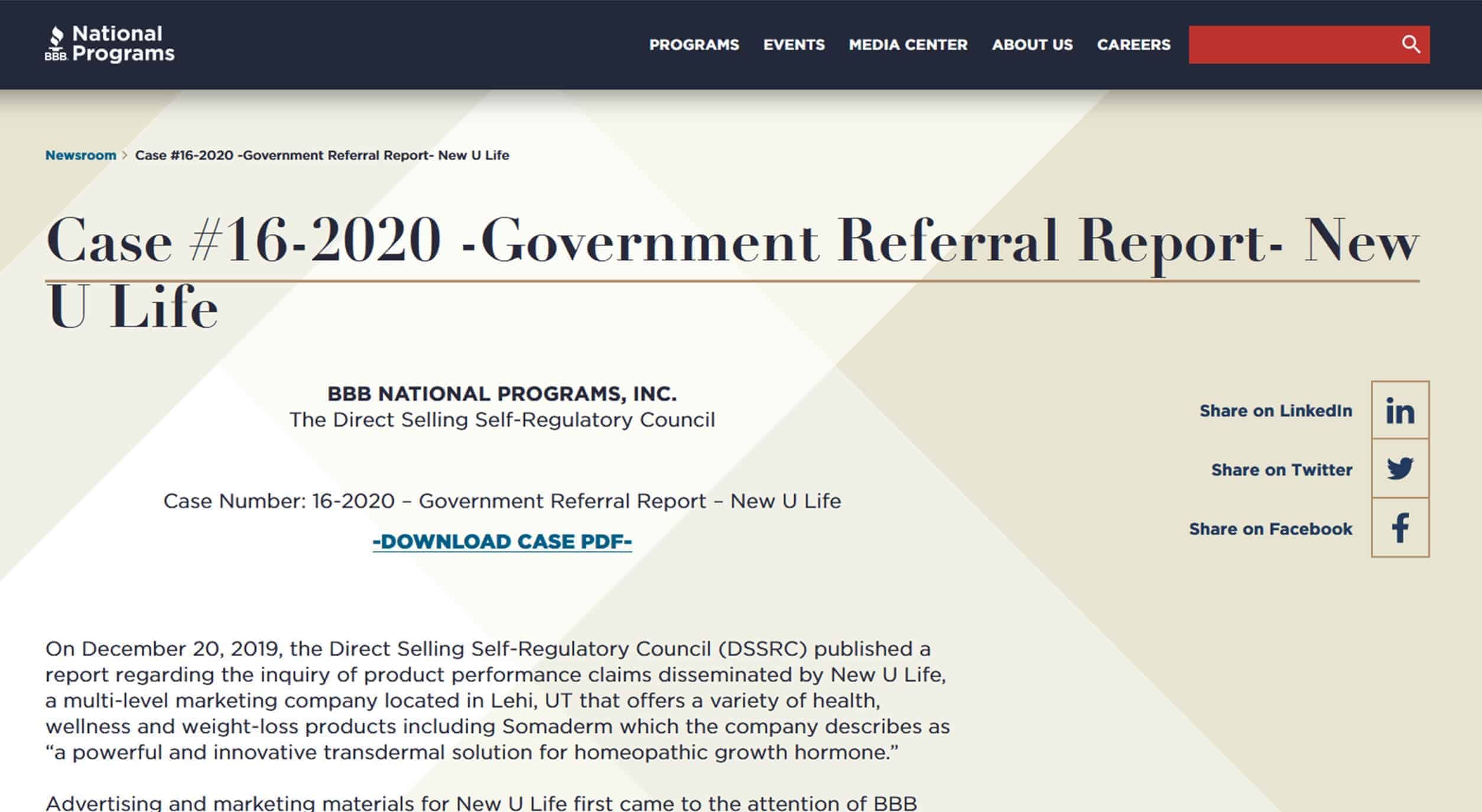 SOMADERM官司 BBB National Program & DSSRC針對New U Life的調查報告網頁